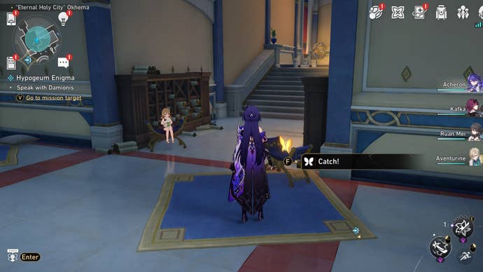 Acheron looking a Nymph in Okhema in Honkai Star Rail.