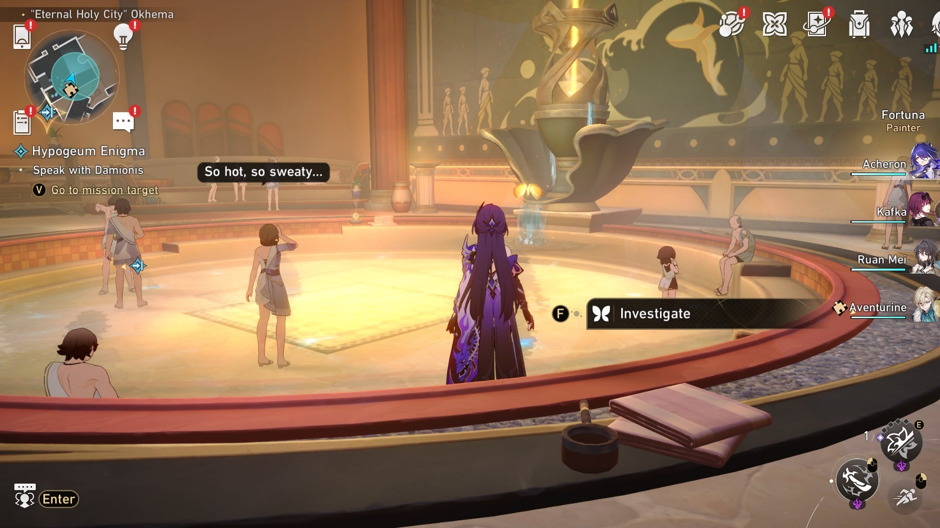 Acheron looking a Nymph in Okhema in Honkai Star Rail.