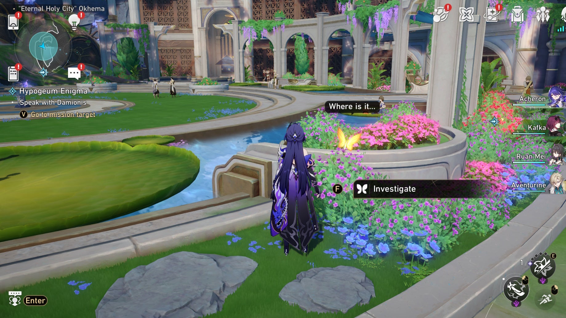 Acheron looking a Nymph in Okhema in Honkai Star Rail.