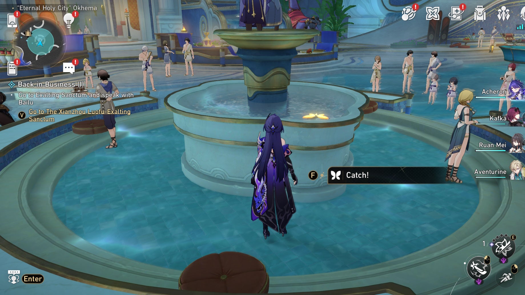 Acheron looking a Nymph in Okhema in Honkai Star Rail.