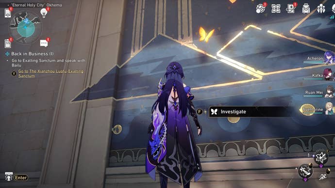 Acheron looking a Nymph in Okhema in Honkai Star Rail.