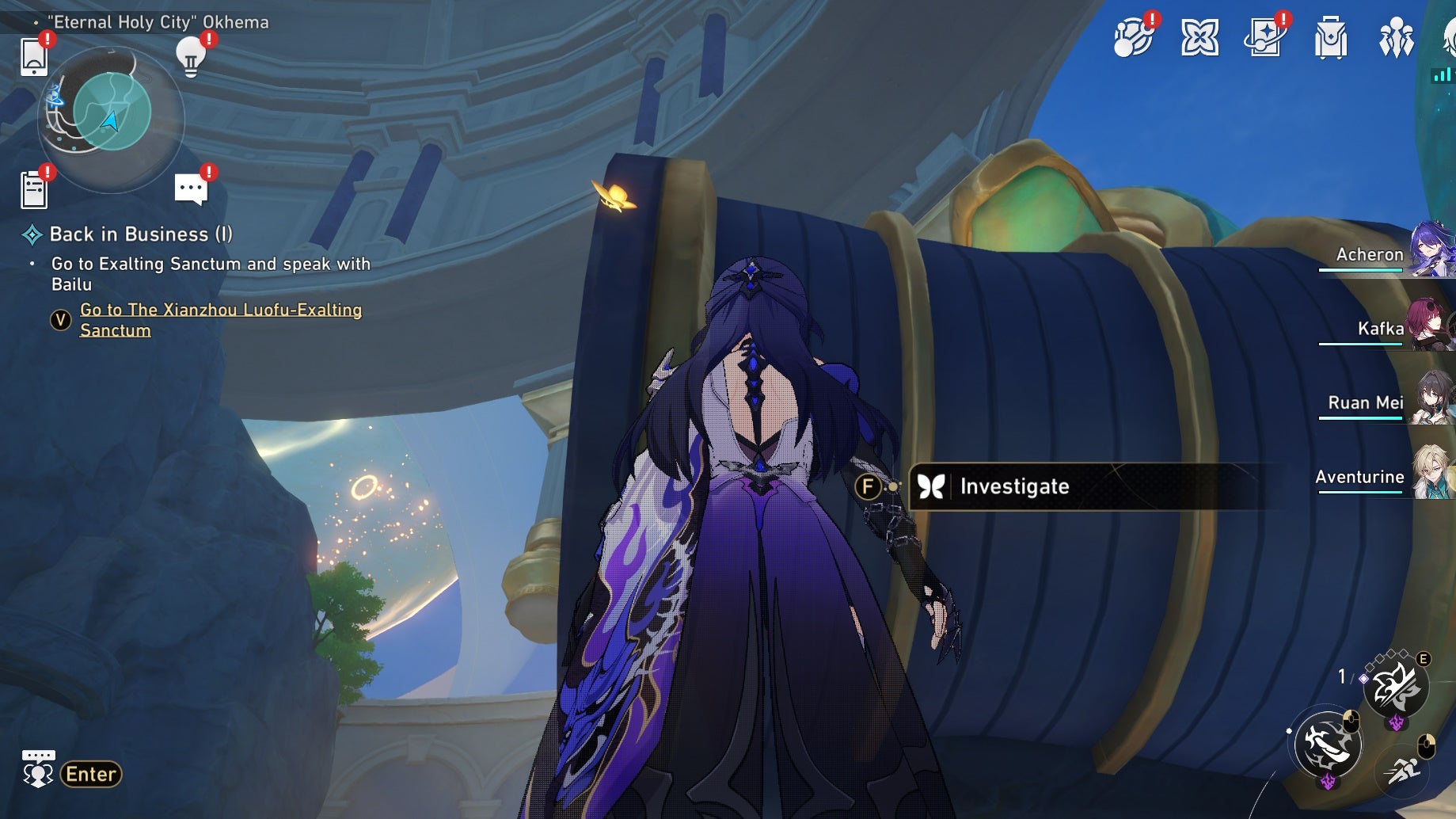 Acheron looking a Nymph in Okhema in Honkai Star Rail.