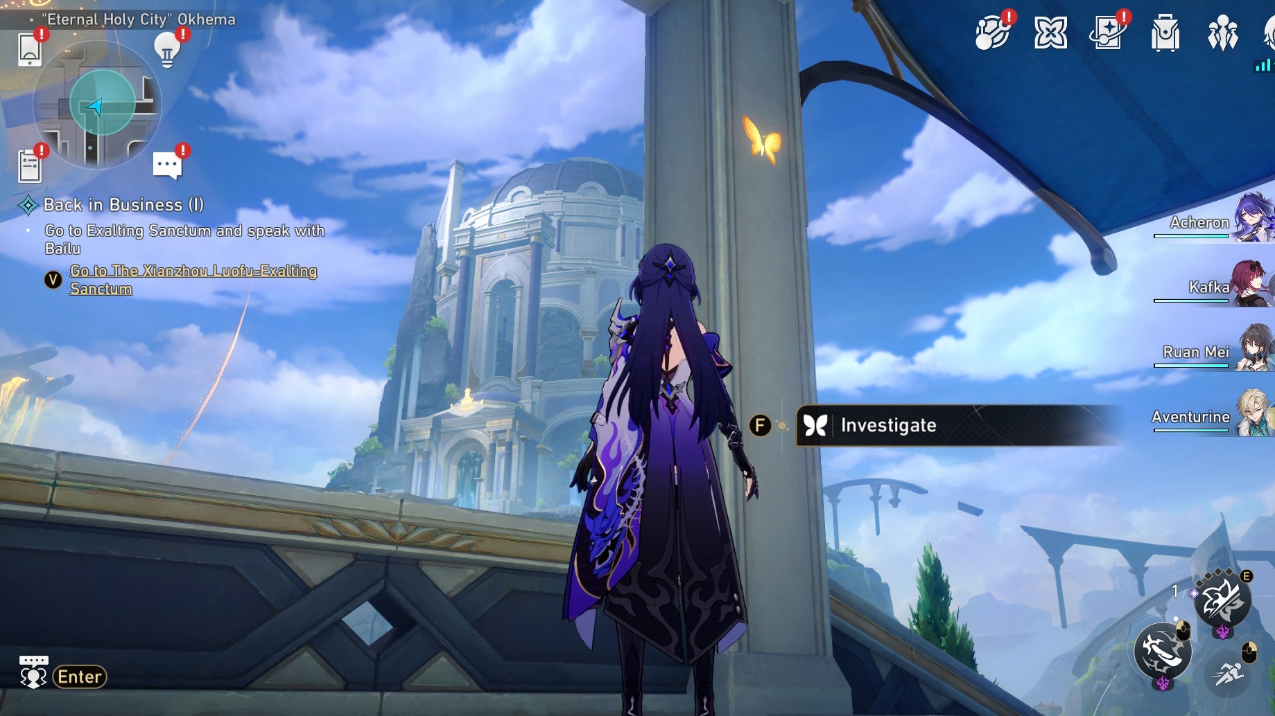 Acheron looking a Nymph in Okhema in Honkai Star Rail.