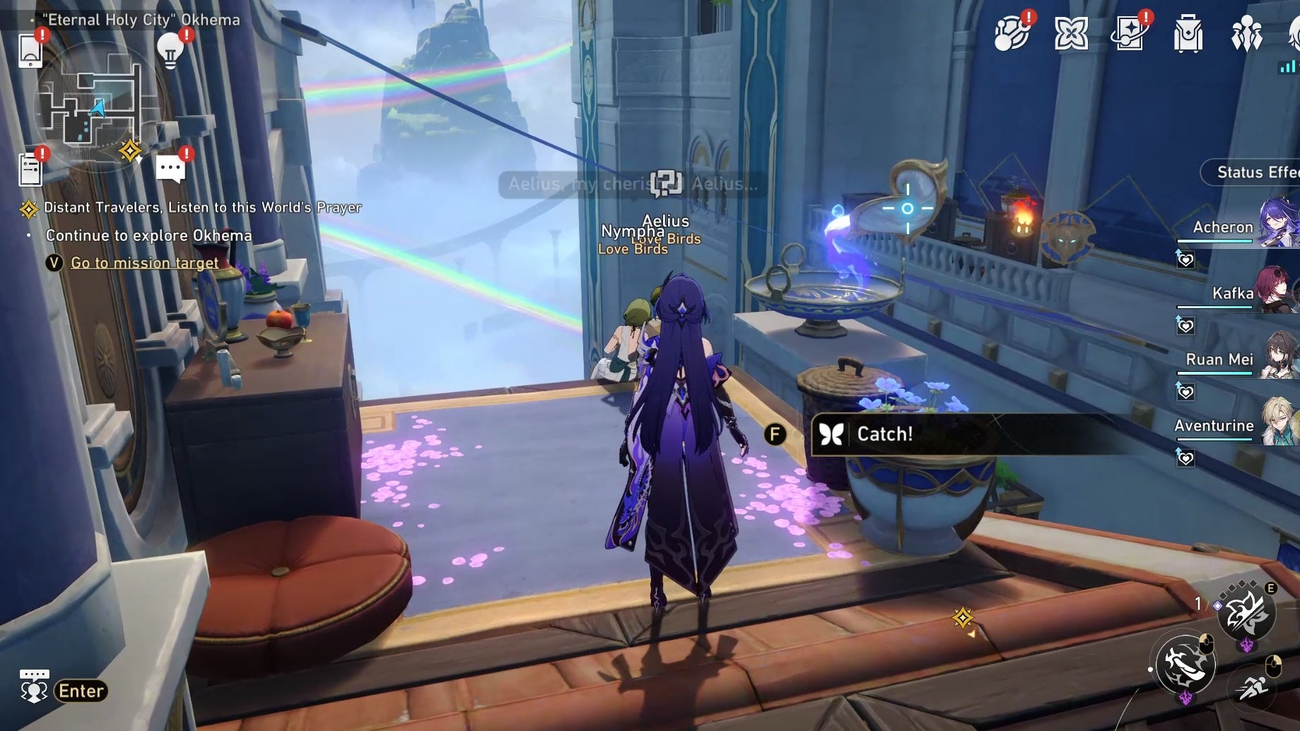 Acheron looking a Nymph in Okhema in Honkai Star Rail.