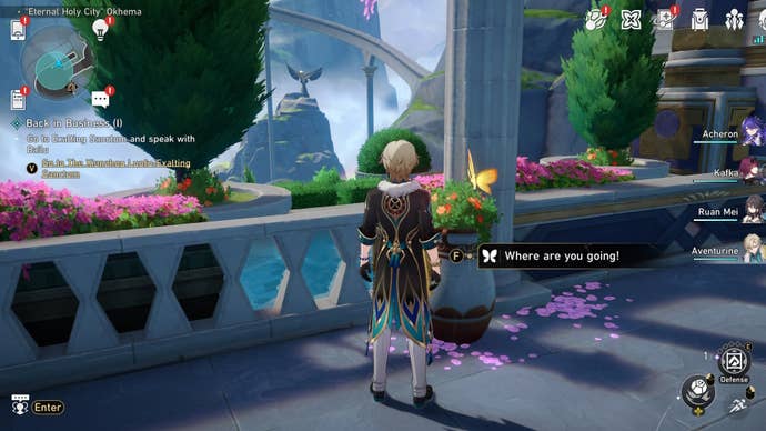 Aventurine looking a Nymph in Okhema in Honkai Star Rail.