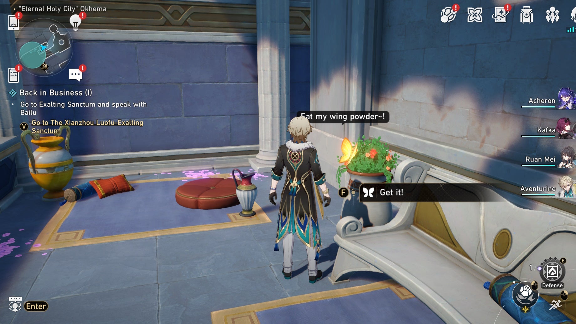 Aventurine looking a Nymph in Okhema in Honkai Star Rail.