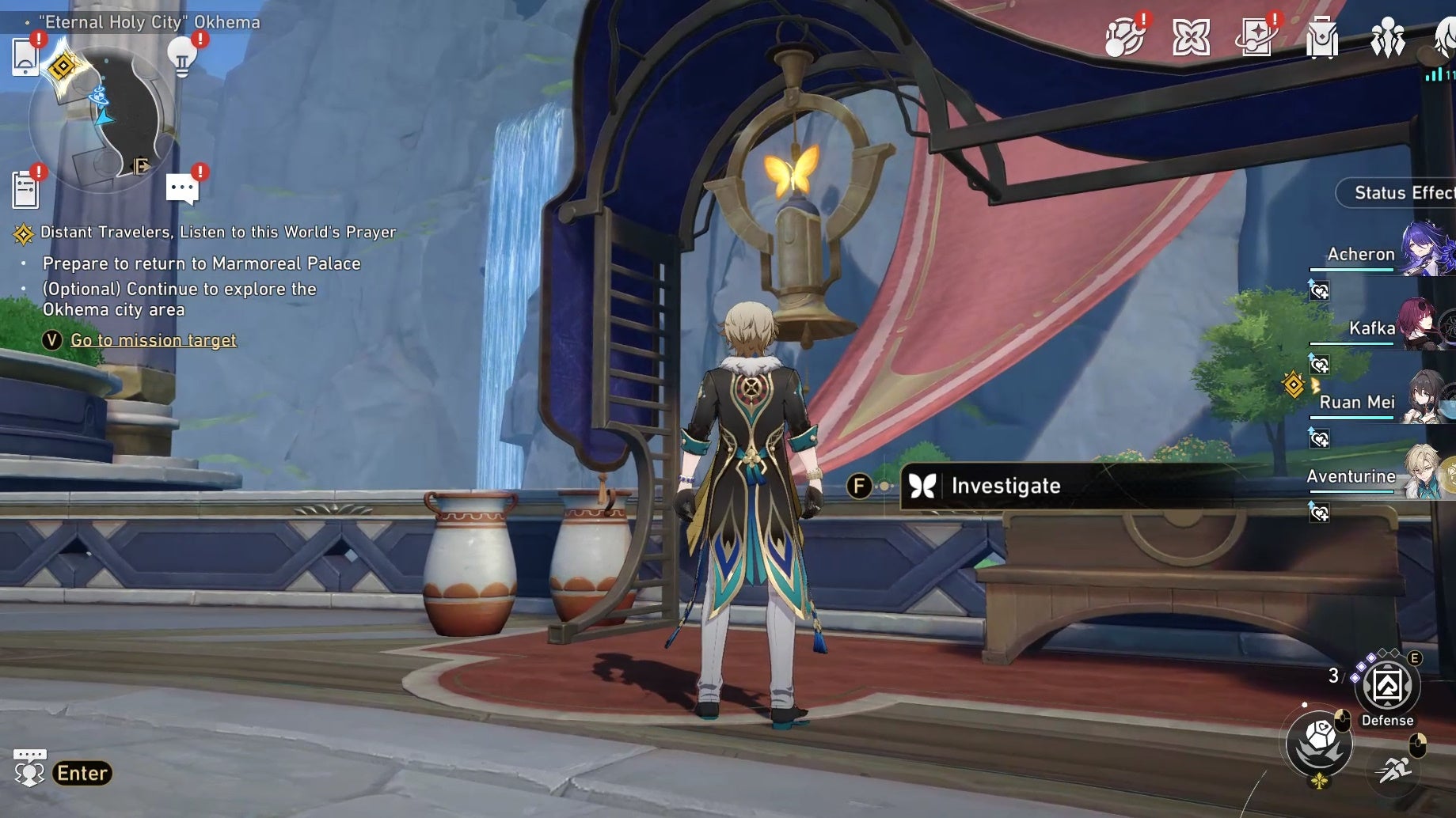 Aventurine looking a Nymph in Okhema in Honkai Star Rail.