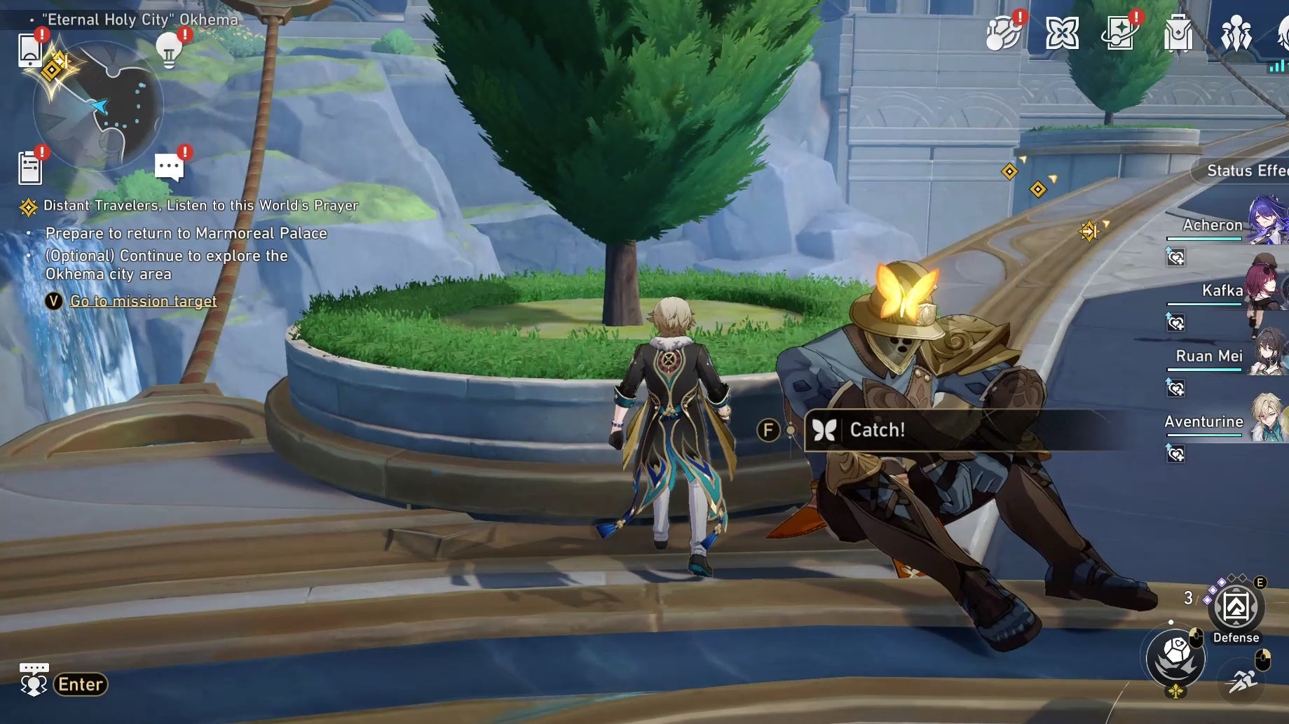 Aventurine looking a Nymph in Okhema in Honkai Star Rail.