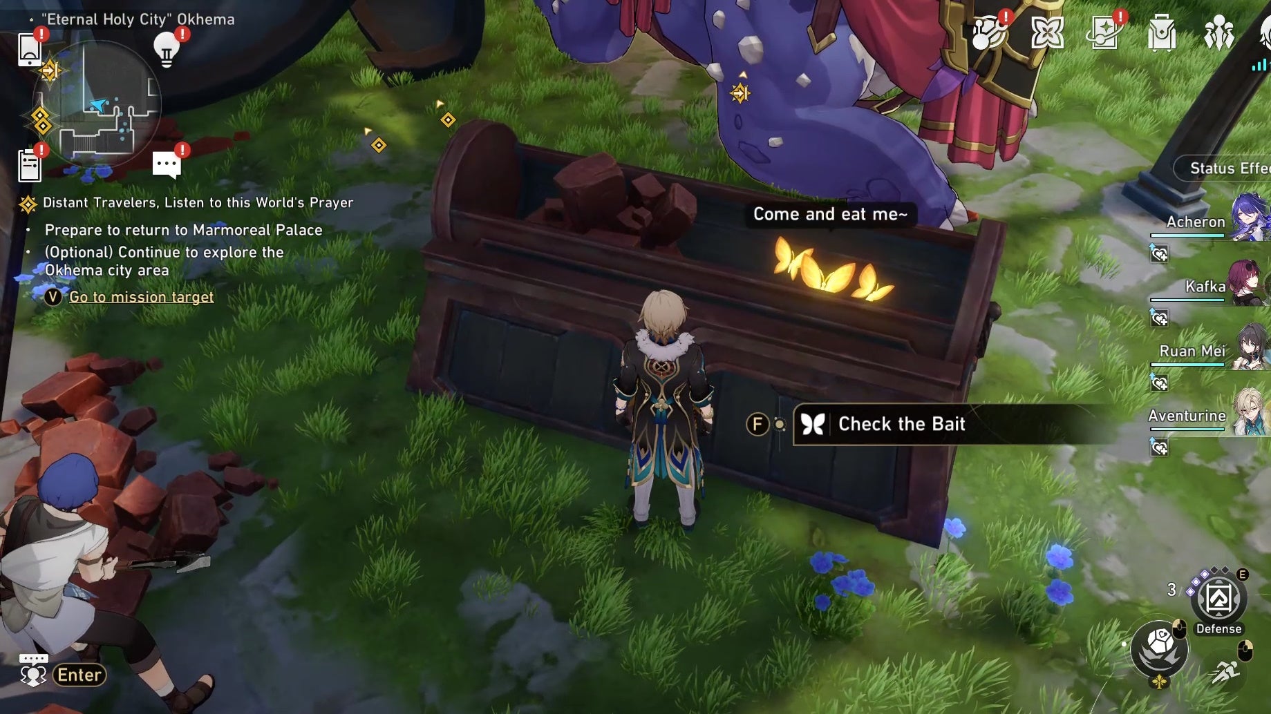 Aventurine looking a Nymph in Okhema in Honkai Star Rail.