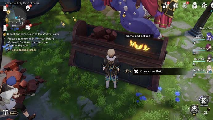 Aventurine looking a Nymph in Okhema in Honkai Star Rail.