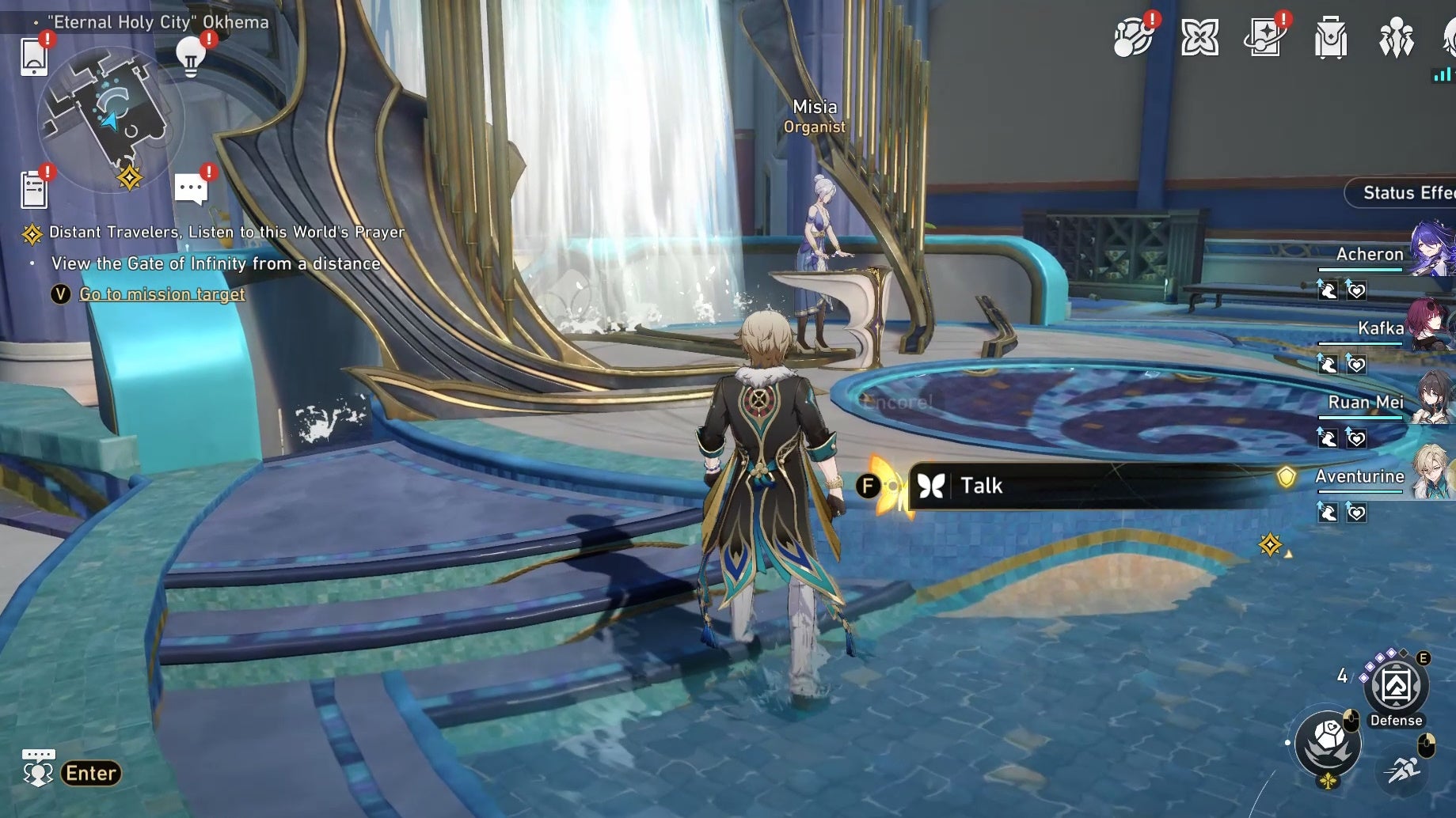 Aventurine looking a Nymph in Okhema in Honkai Star Rail.