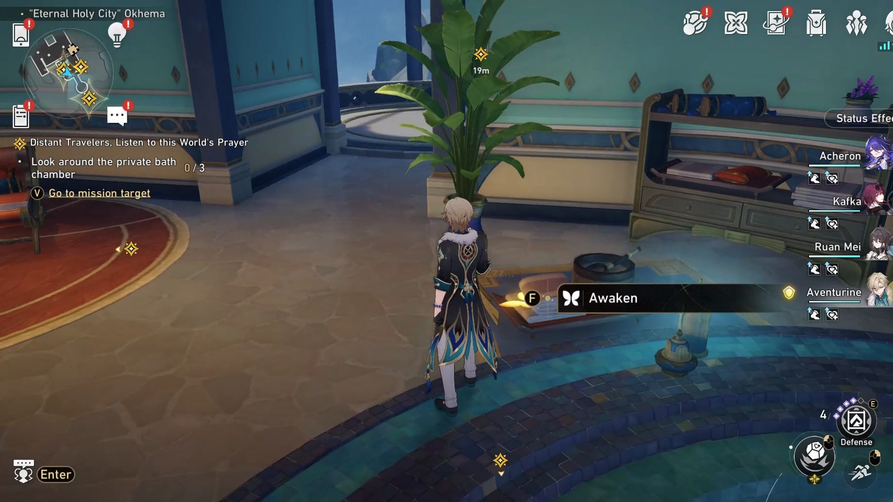 Aventurine looking a Nymph in Okhema in Honkai Star Rail.