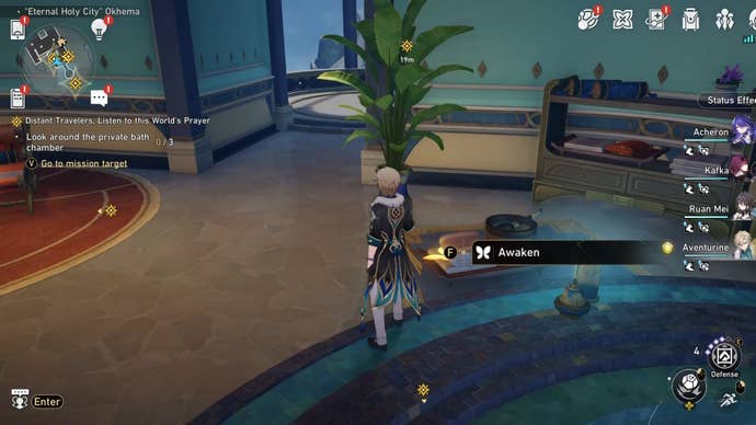 Aventurine looking a Nymph in Okhema in Honkai Star Rail.