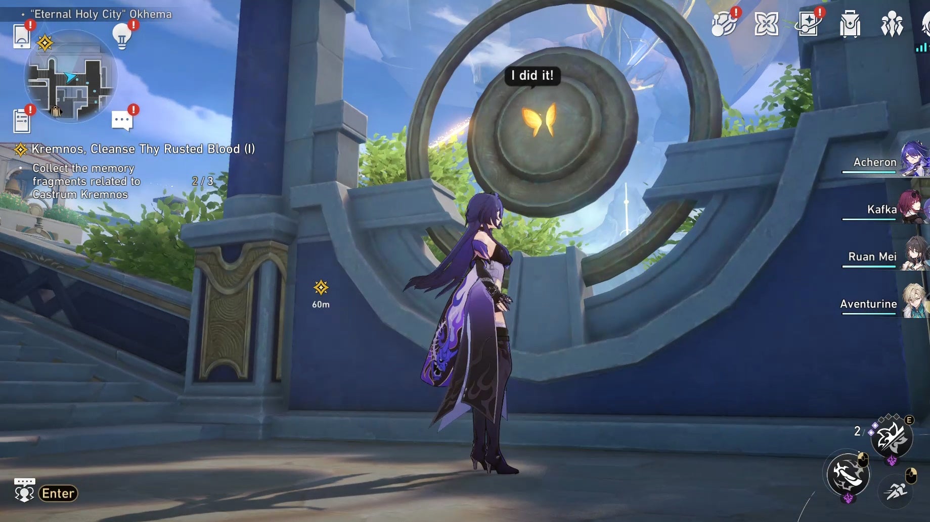 Acheron looking a Nymph in Okhema in Honkai Star Rail.