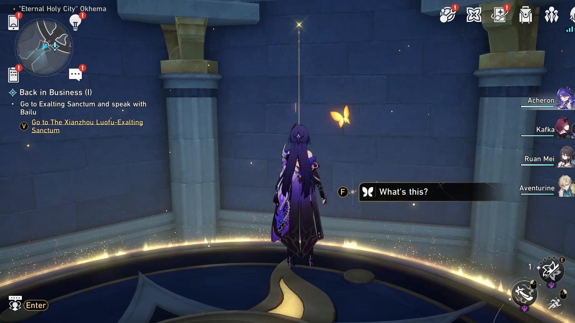 Acheron looking a Nymph in Okhema in Honkai Star Rail.