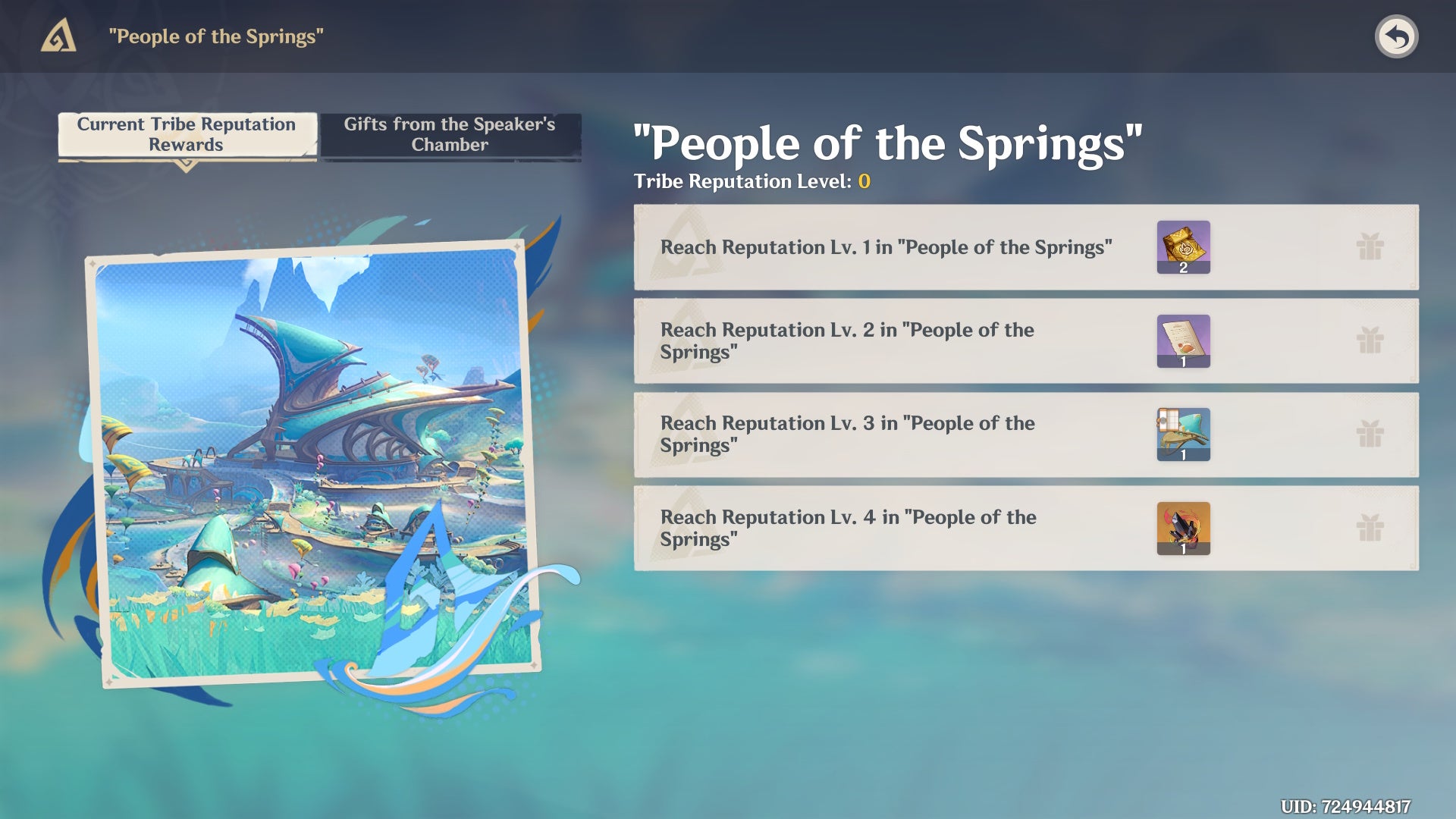 Rewards menu for the People of the Springs Reputation in Genshin Impact.