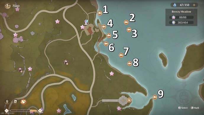 Numbered map locations of Pink Ribbon Eel in Infinity Nikki.