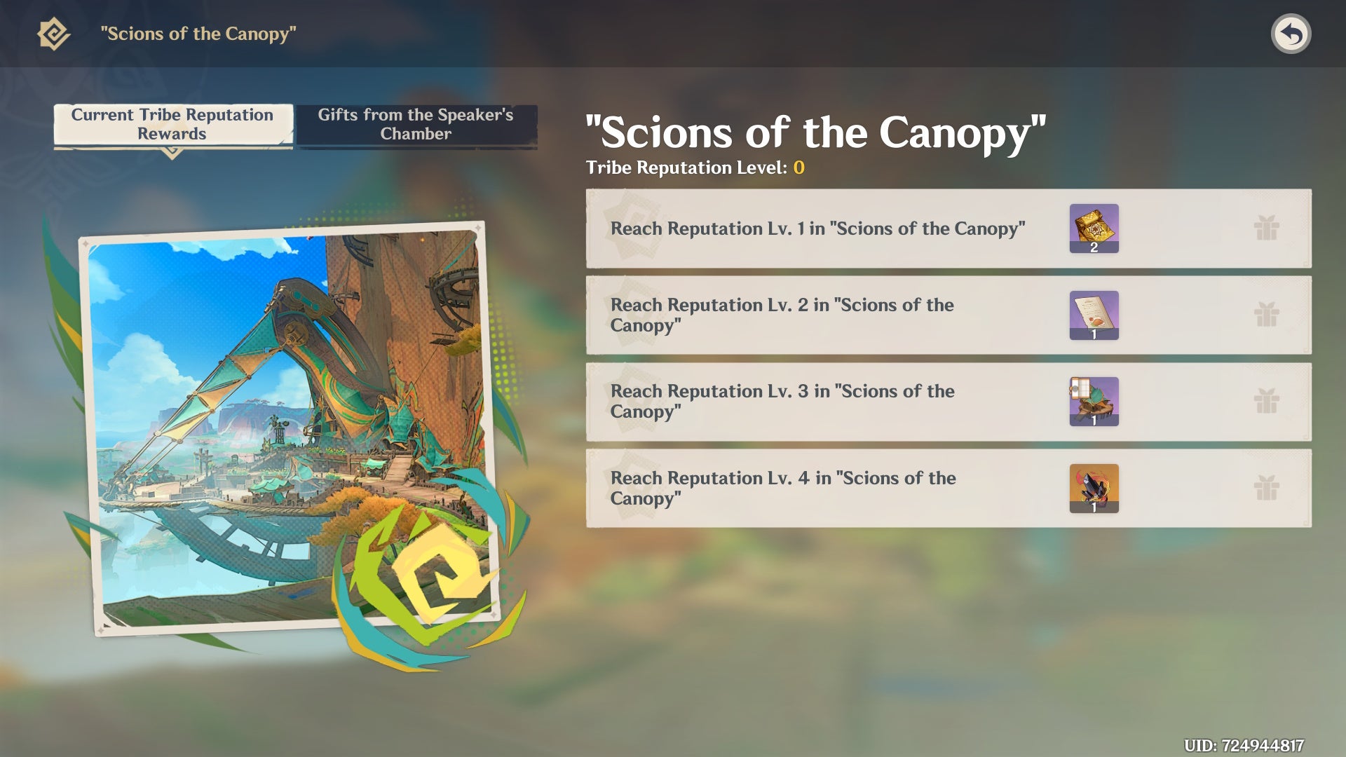 Rewards menu for the Scions of the Canopy Reputation in Genshin Impact.