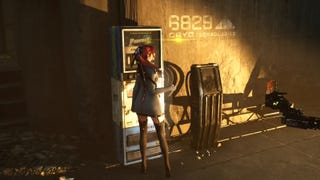 Eve from Stellar Blade flicking a Vitcoin into the air in front of a vending machine at a Camp.