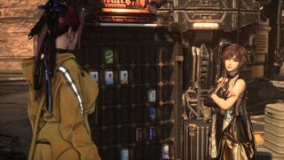 Eve from Stellar Blade in a yellow tracksuit speaking with Lily in her Stargazer outfot by the Can display near the Tetrapod in Xion.