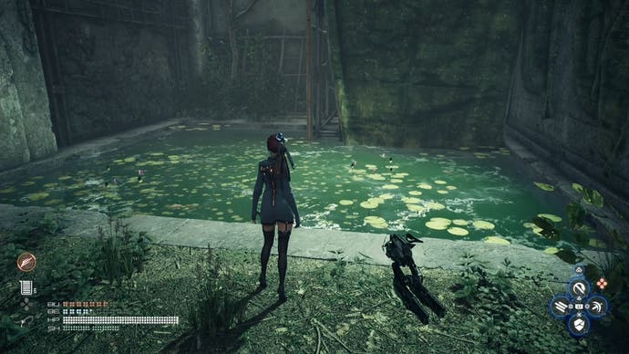 Eve looking at a fishing pond near the clocktower on Eidos 7 in Stellar Blade.