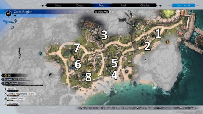 Corel region Map view of a zipline location with refurishment materials in Final Fantasy 7 Rebirth.