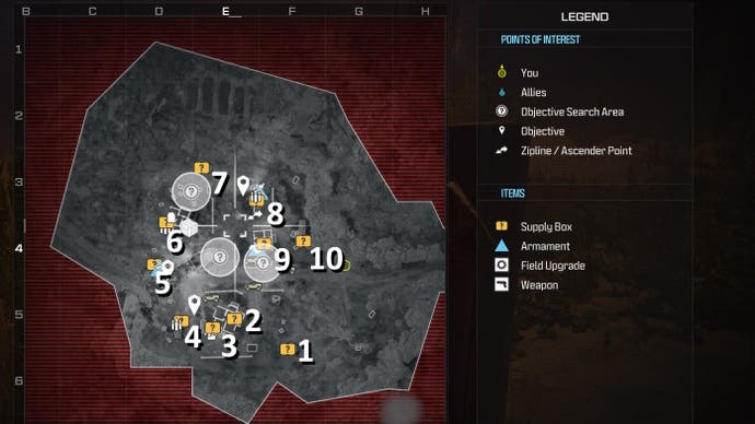 tactical map of the crash site mission with weapon and item locations in yellow with white numbers beside them