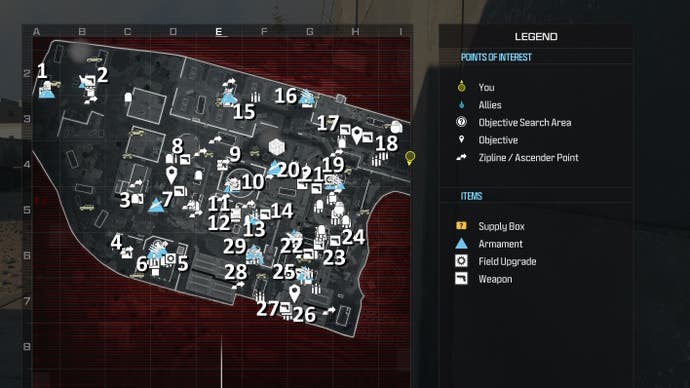tactical map view of reactor level with all weapon and item locations marked with white numbers
