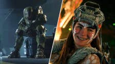 Aloy smiling in Horizon Forbidden West and Master Chief looking pretty sad in Halo.
