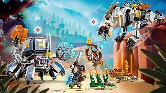 Aloy and Varl fight in physical Horizon Lego set