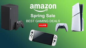 Amazon Spring Sale Best Gaming Deals Live featuring an Xbox Series X console, Xbox controller, a white Switch OLED and PS5 Slim Disc console and a PS5 DualSense controller.