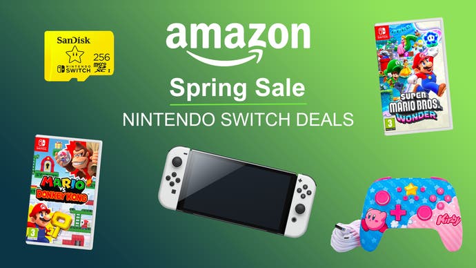 Amazon Spring Deal Days header image featuring a yellow Sandisk SD cad for Nintendo Switch, Mario vs Donkey Kong game art, a white Switch OLED, a Power A Kirby controller for Nintendo Switch and Super Mario Bros. Wonder game art.