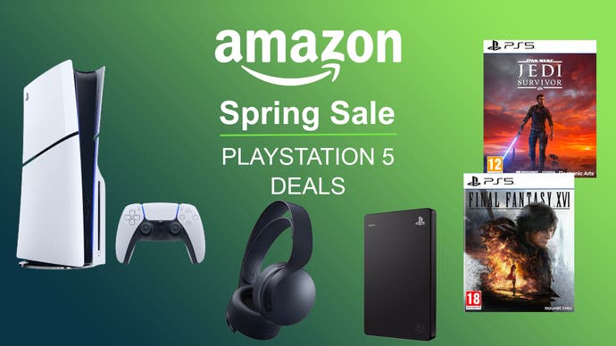 Amazon Spring Deal Days header image featuring a PS5 Slim Disc console, DualSense controller, PS5 Pulse 3D headset, Seagate Portable External Hard Drive, Final Fantasy 16 and Star Wars Jedi Survivor.