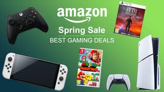 Amazon Spring Sale best gaming deals header featuring a black Xbox controller, white Switch OLED console, Mario vs Donkey Kong game, PS5 controller, PS5 Slim Disc console and Star Wars Jedi Survivor game for PS5.