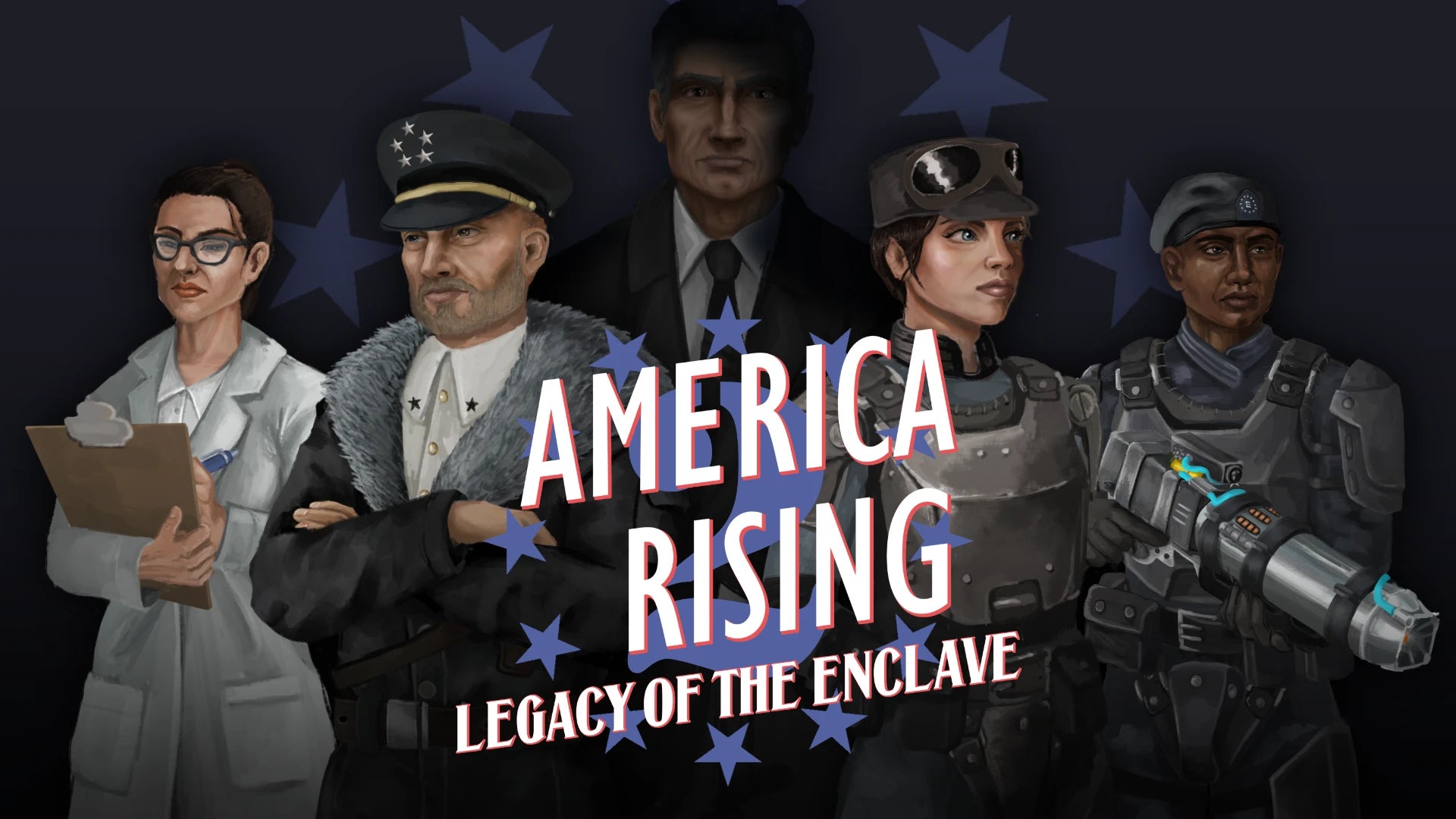 Cover art for the America Rising mod in Fallout 4: five characters stand in a row, all looking proud - and like something from a US army propoganda workshop. - 3
