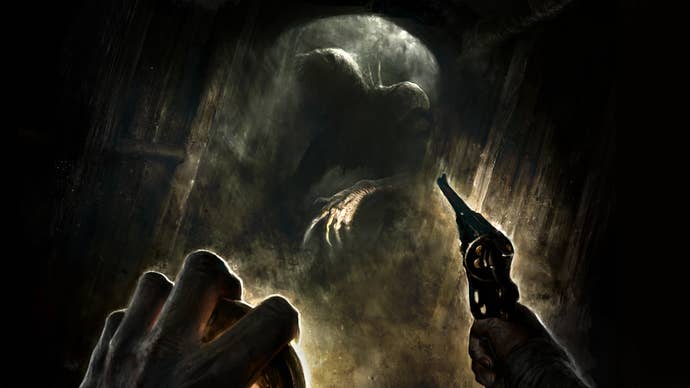 Key art from Amnesia: The Bunker showing an unpleasant figure in a doorway with a revolver pointing towards it