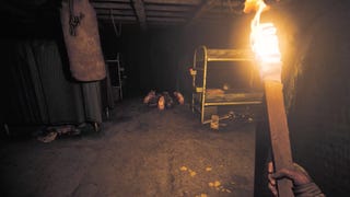 First-person view of a torch approaching a group of feasting rats in Amnesia: The Bunker
