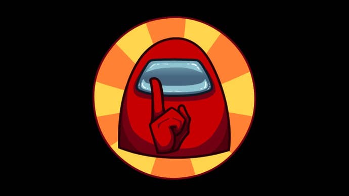 A red crew member from Among Us holds a finger over their face