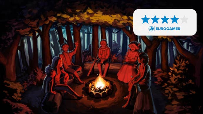 Header art for Eurogamer’s Amarantus review, showing the cast of the game sitting around a campfire.