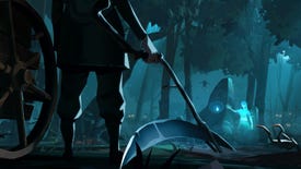 A figure in the foreground carries a scythe while facing a glow blue spirit in the background, in artwork for An Ankou