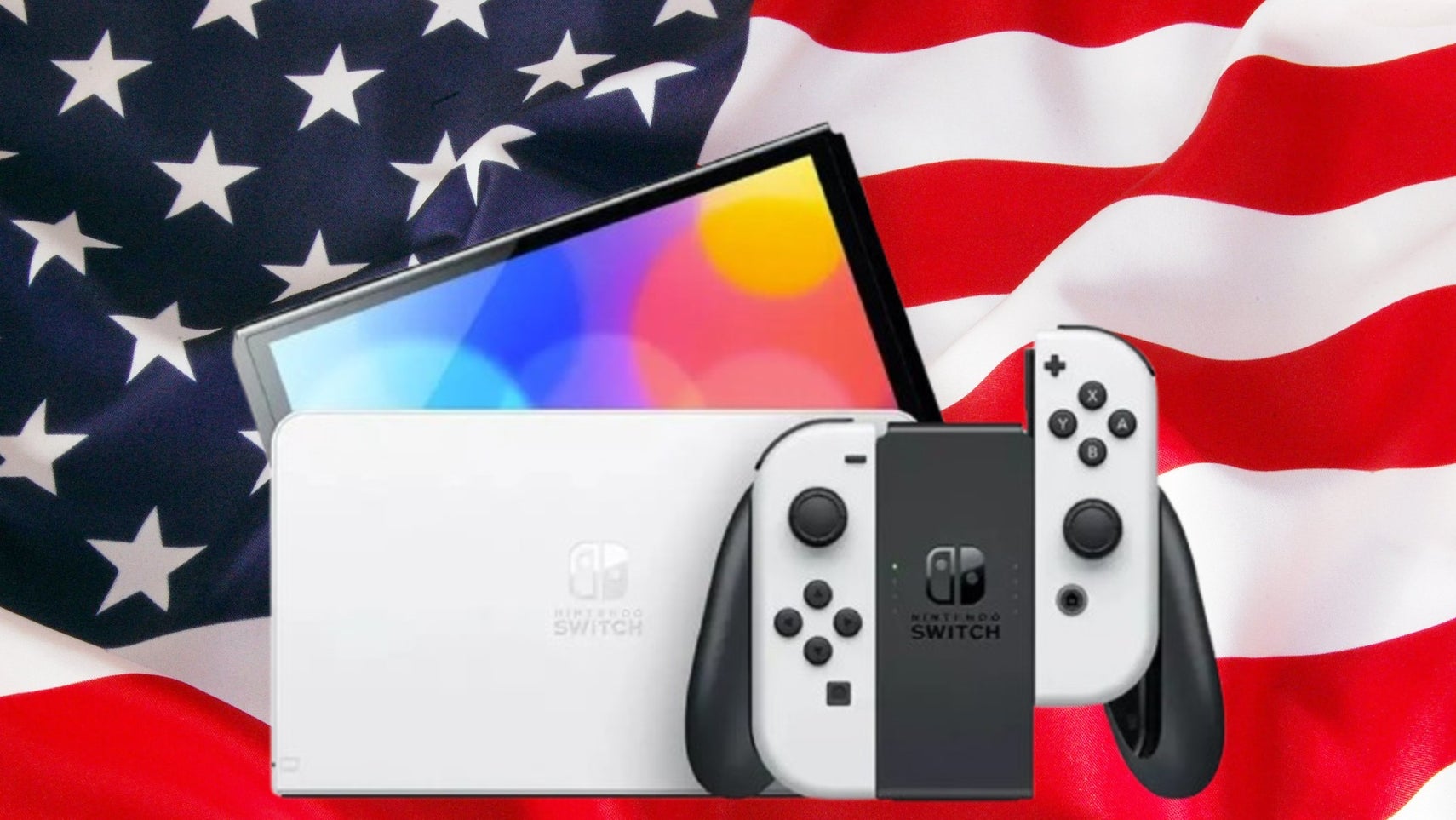An original Switch console against an American flag background