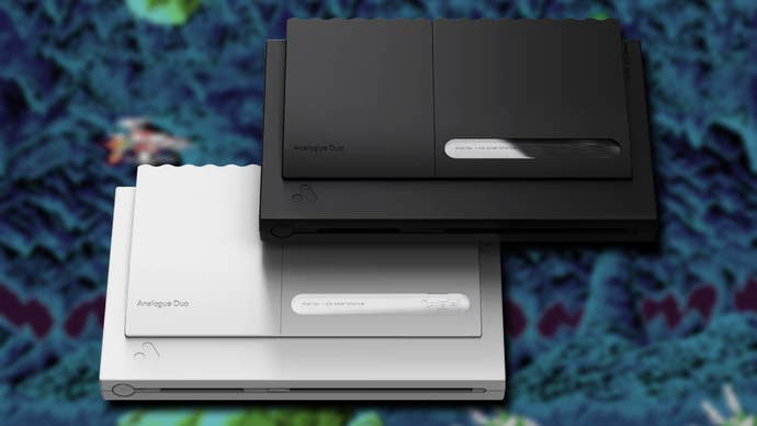 The Analogue Duo, in grey and black, over an image of Darius Plus (which is heavily blurred and desaturated).