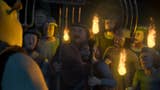 Screenshot from Shrek showing an angry mob arriving at the ogre's house with pitchforks and torches
