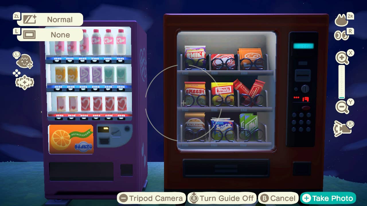 Vending machines seen through a camera lens in Animal Crossing.