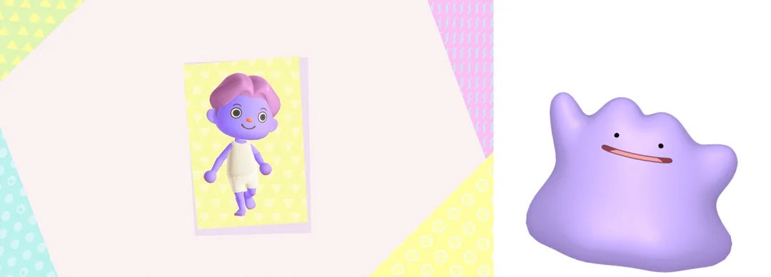 Animal Crossing character with purple skin next to an image of Pokopia's Ditto