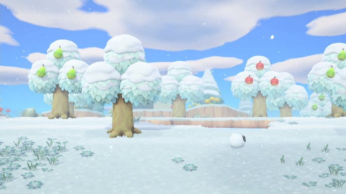 Nieve de Animal Crossing: una escena invernal con nieve en los árboles.