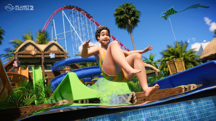 Ein Screenshot aus Planet Coaster 2, der einen Charakter zeigt, der in einen Pool springt