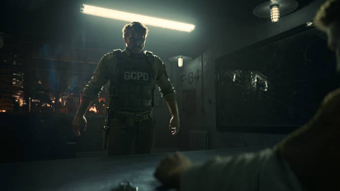 Batman Arkham Shadow trailer still, showing Jim Gordon looking angry.