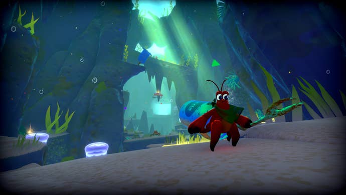 Crab wears a plastic cup and wield a makeshift sword in a screenshot from Another Crab’s Treasure.