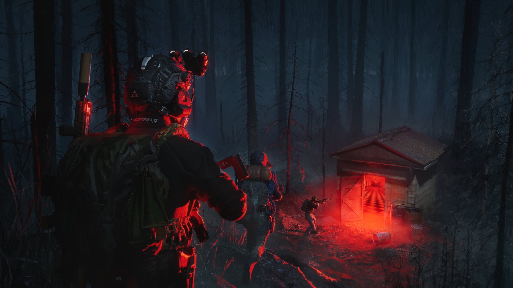 A scene of special forces soldiers walking through a forest towards a door surrounded by red mist - 1